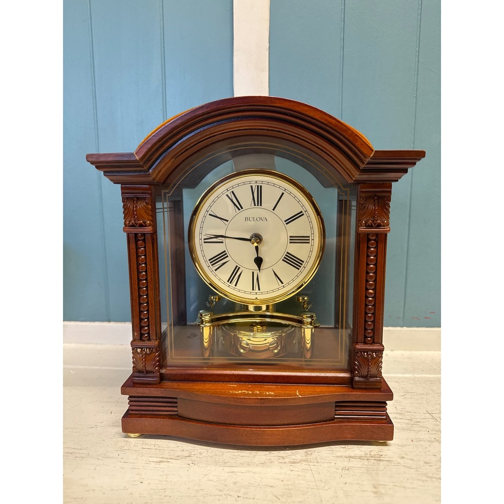 Bulova Wood Mantel Clock B1845 Chadbourne Rotating Pendulum Brown Gold Tone